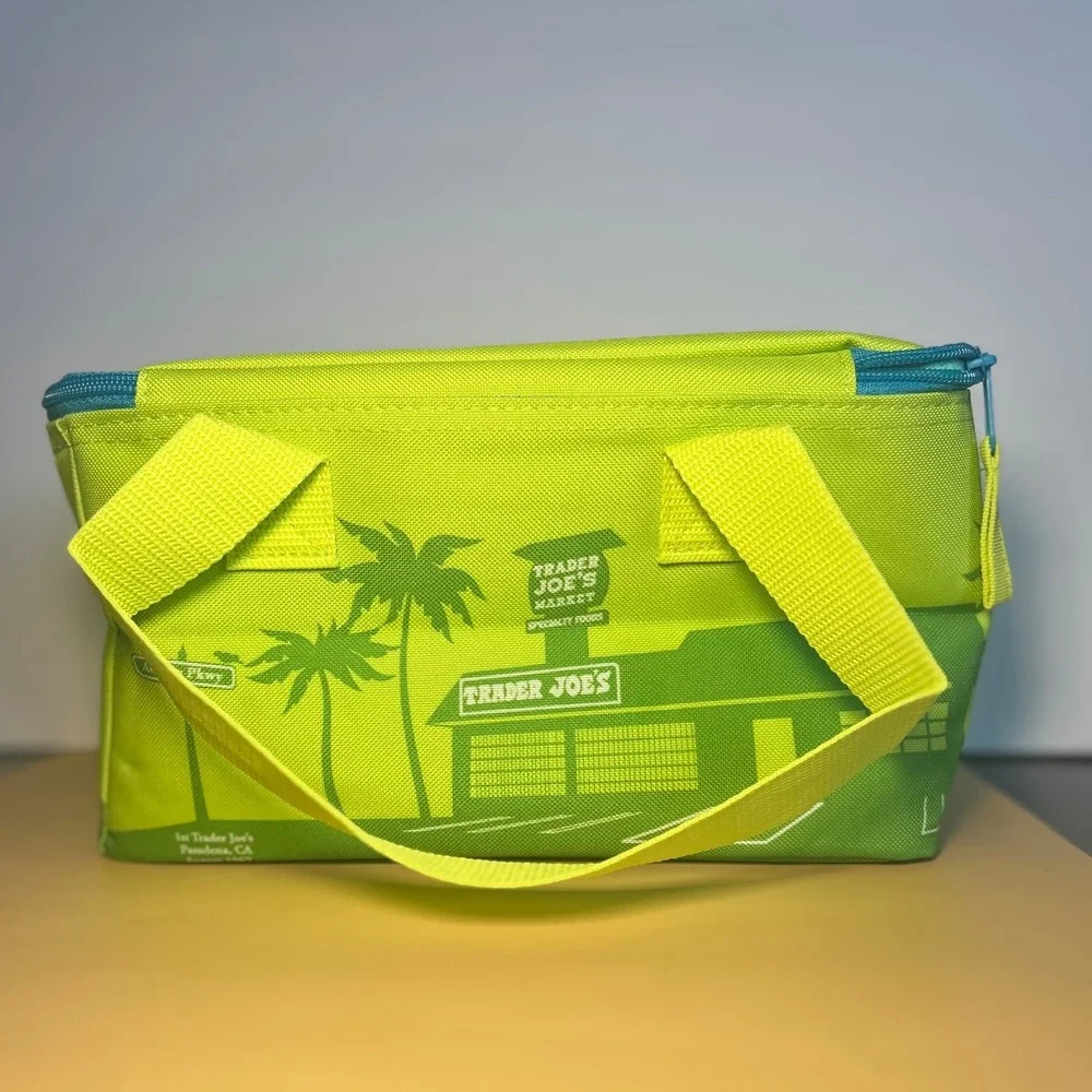 Trader Joes Mini Insulated Tote Bag Lime Green Teal Blue 1.5 Gallon Lunch NWT